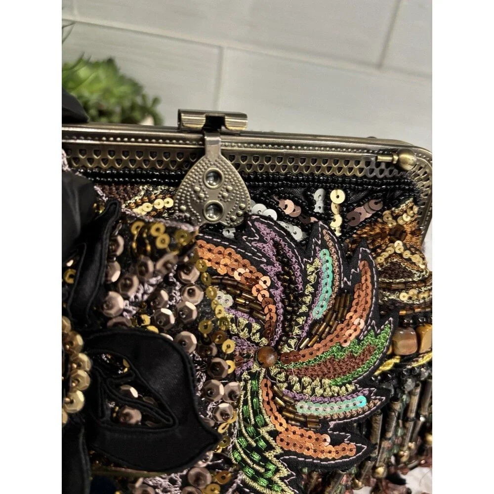 Chico's Vintage Beaded Peacock Feather Clutch Bag Sequin Fringe Y2KGlam BohoChic